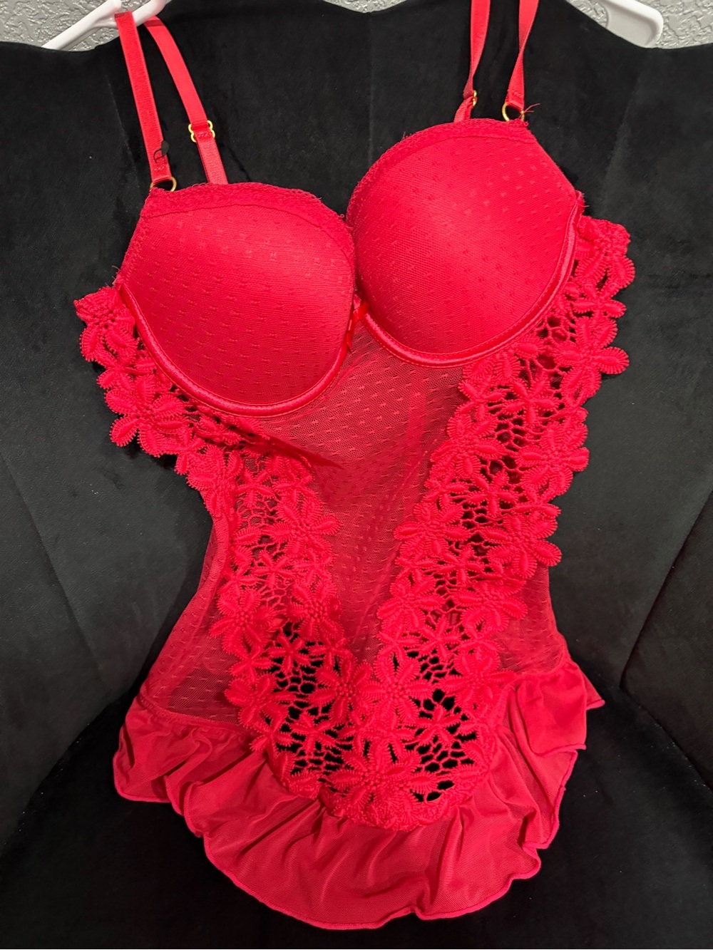 On Gossamer Red Floral Lace Plunge Bodysuit